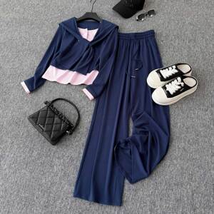 高端时尚套装女春季新款海军领撞色拼接假两件上衣阔腿长裤两件套图片