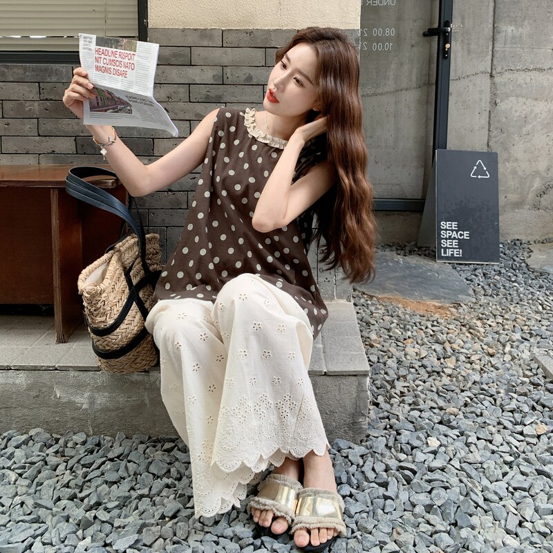 盐甜系穿搭波点无袖上衣套装女夏新款设计感轻薄提花阔腿裤两件套,女装套装/套裙,2C218