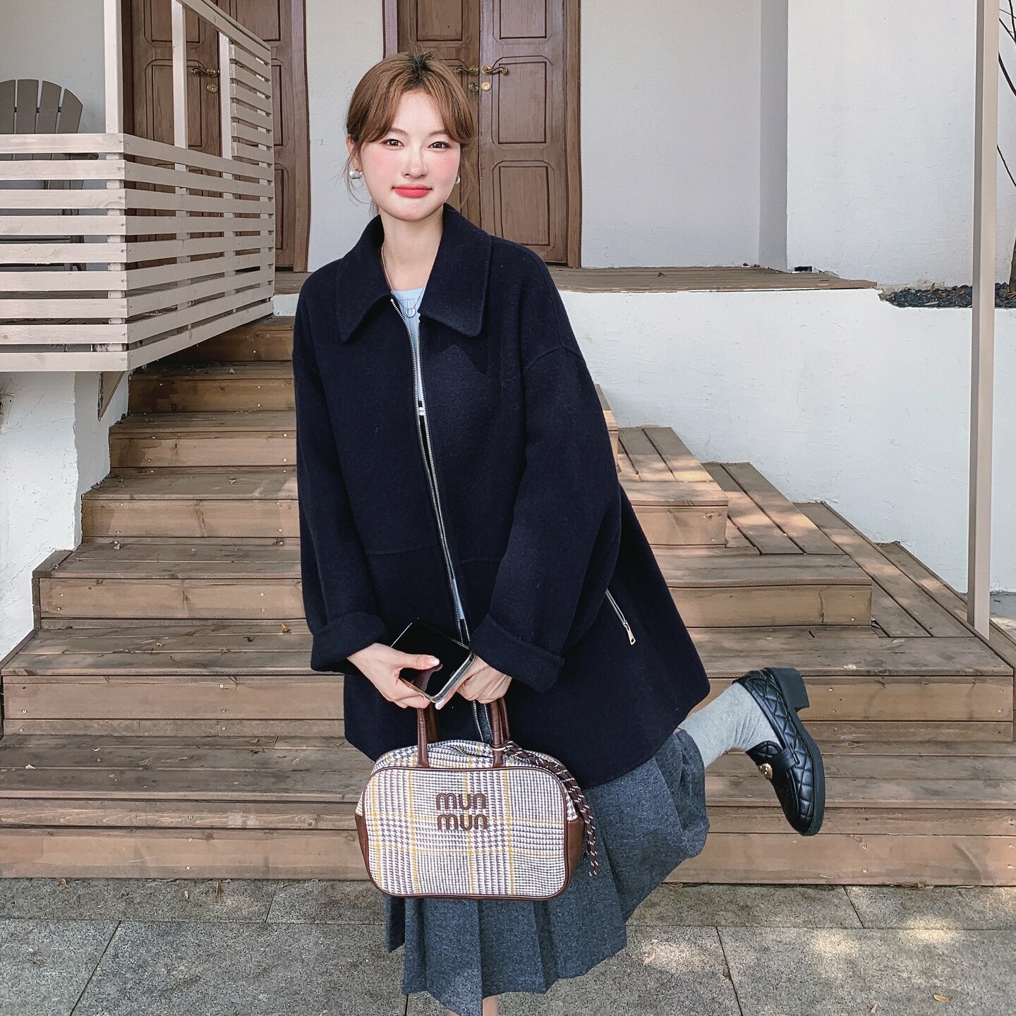藏青色气质双面羊绒大衣女秋冬超火好看高级小众毛呢中长款厚外套图片