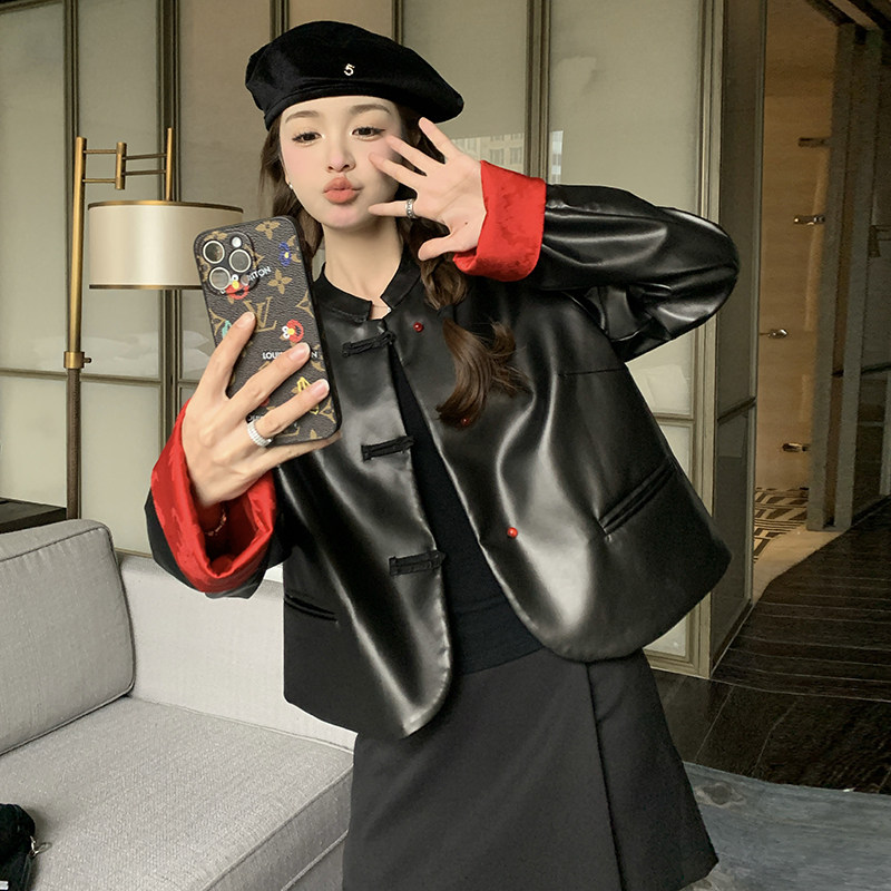 黑色高级感短款皮衣外套女2025春秋新款新中式国风小个子PU皮夹克图片