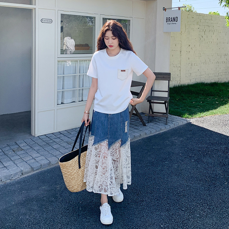 港风高级感气质套装裙女2025夏新款T恤蕾丝拼接牛仔半身裙两件套,女装套装/套裙,2C285