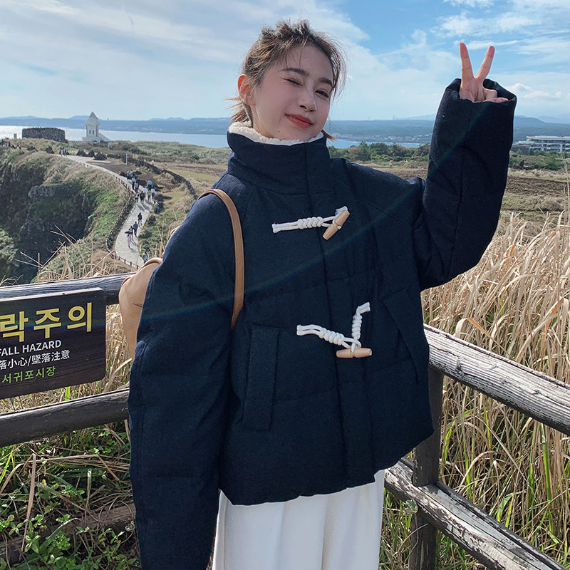 藏青色牛角扣短款羽绒服女2025冬季新款学院风加厚小个子面包服潮,女装棉衣/棉服,2C280