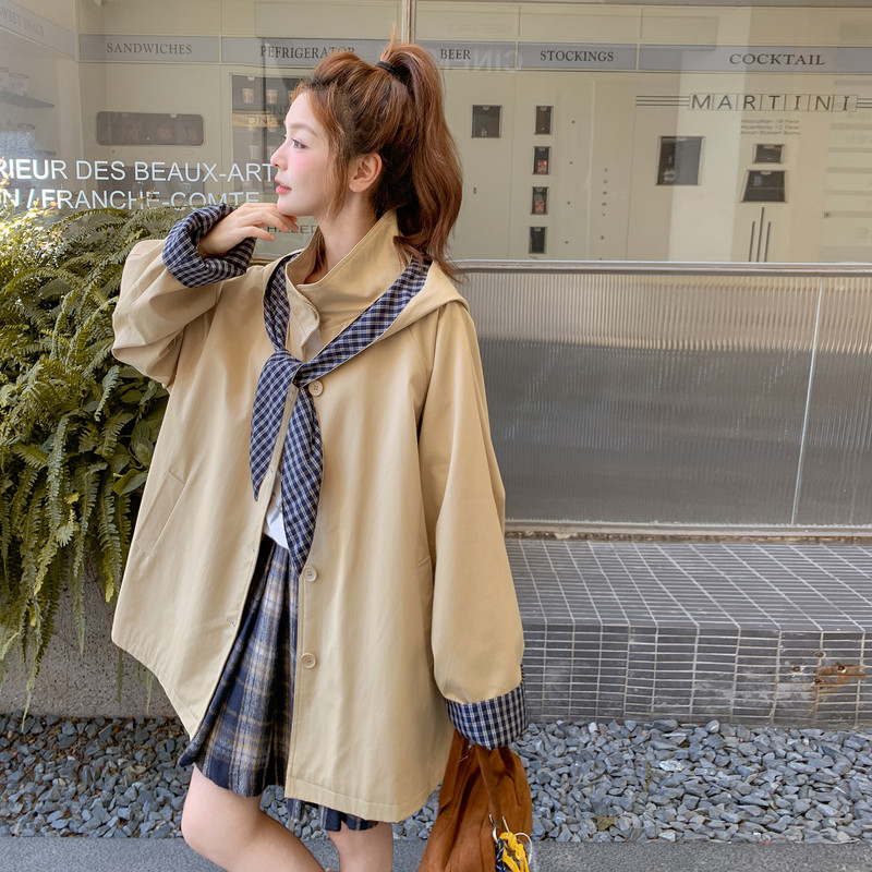 卡其色格子连帽风衣外套女2025秋季新款小个子设计感百搭休闲大衣图片