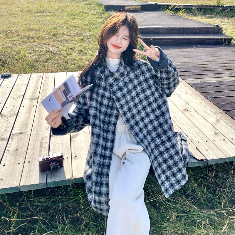 蓝色格子立领宽松羊毛双面羊绒大衣女冬季新款中长款加厚毛呢外套，女装羊绒大衣，2C056