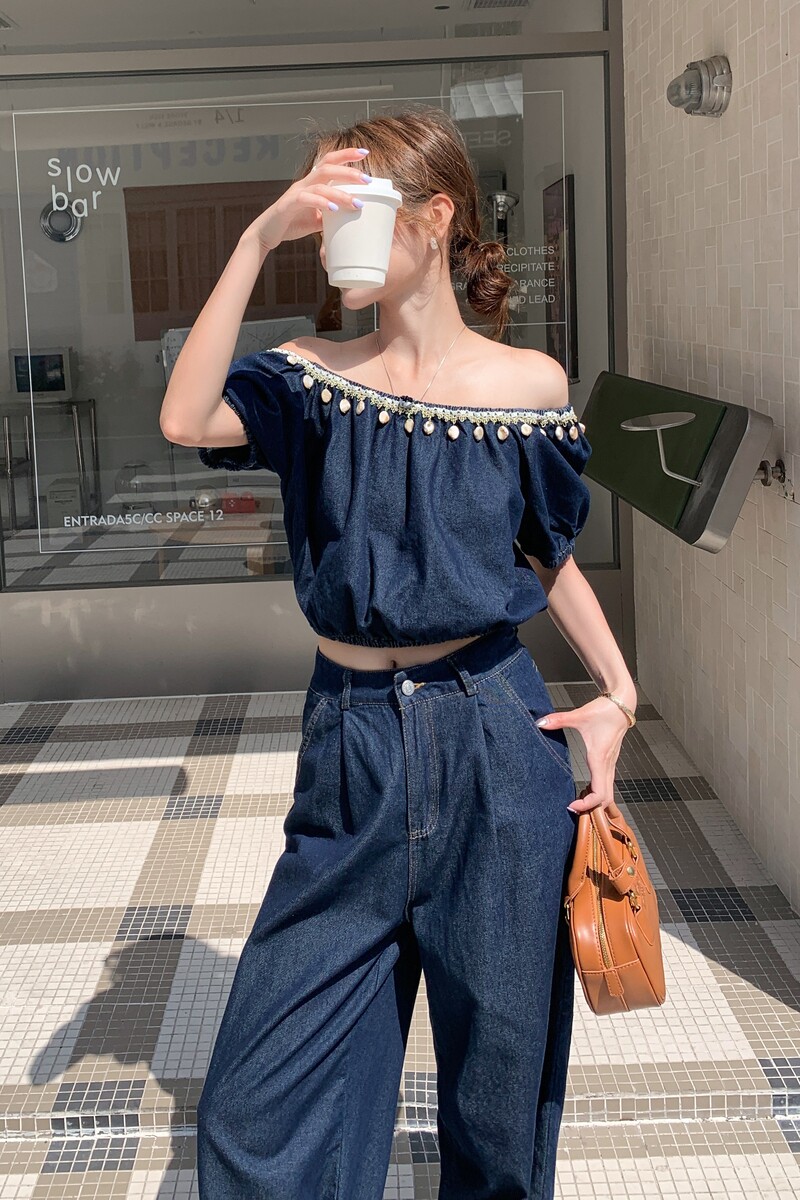 蓝色复古高级感牛仔套装女2025年夏季新款一字肩上衣阔腿裤两件套,女装套装/套裙,2D148