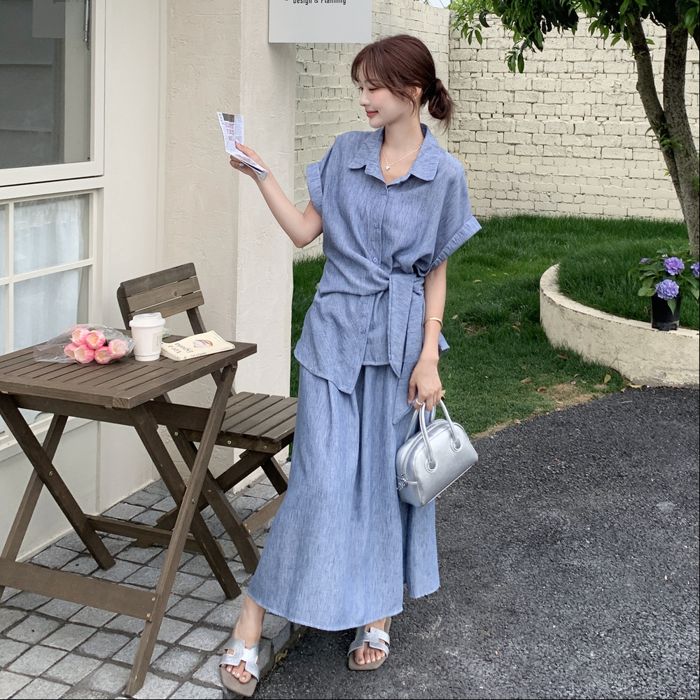 韩系休闲蓝色衬衫半身裙套装女夏2025新款两件套减龄时尚洋气显瘦,女装套装/套裙,2C159