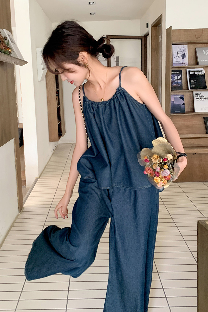 现货:25年夏装新款牛仔吊带上衣＋阔腿裤套装2C135-5068P135K188,女装套装/套裙,2C135