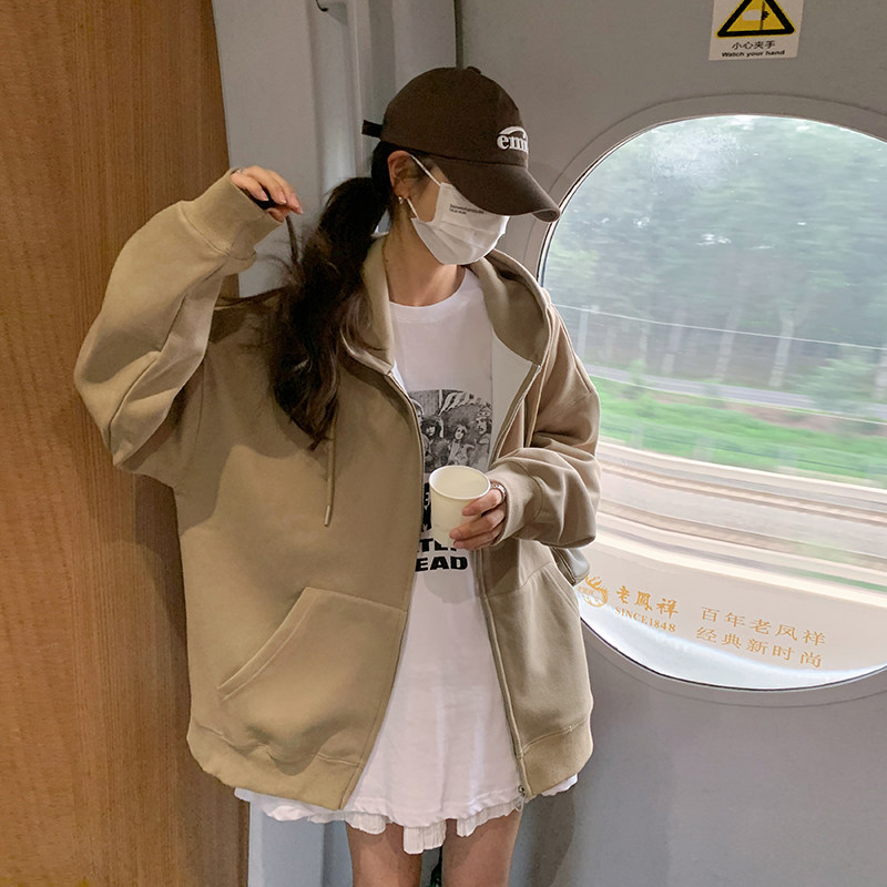 卡其色连帽开衫卫衣外套女2024春季新款韩版小个子慵懒风休闲上衣,女装卫衣/绒衫,2C037