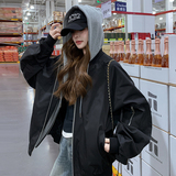 黑色休闲连帽棒球服外套女2025开春新款假两件设计感工装夹克上衣，女装短外套，2C125
