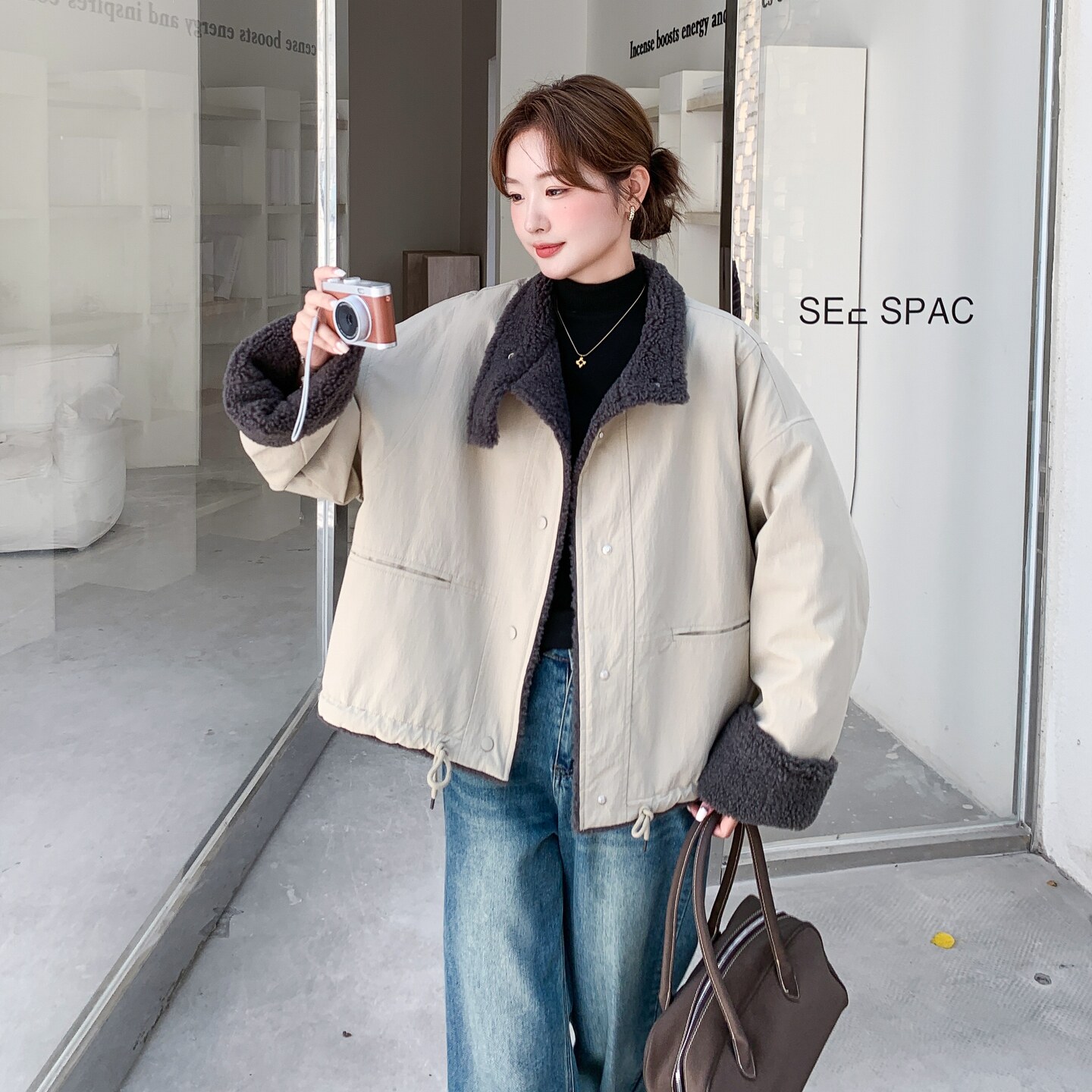 卡其色韩版立领短款加厚外套棉衣女冬季新款休闲宽松大版保暖棉服,女装棉衣/棉服,2C166