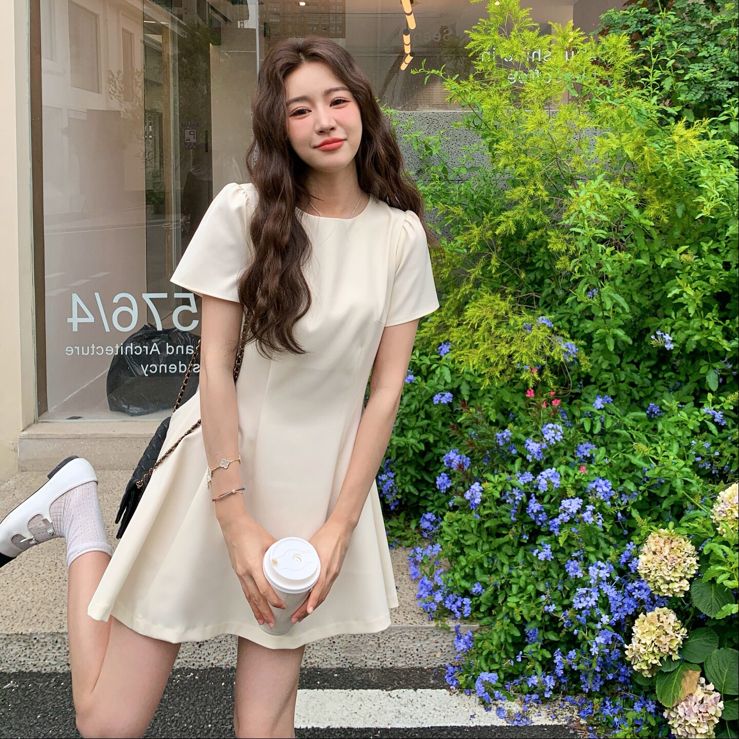 气质名媛优雅风短袖圆领连衣裙女2025新款日系高级感A字连衣裙潮,女装连衣裙,2C325
