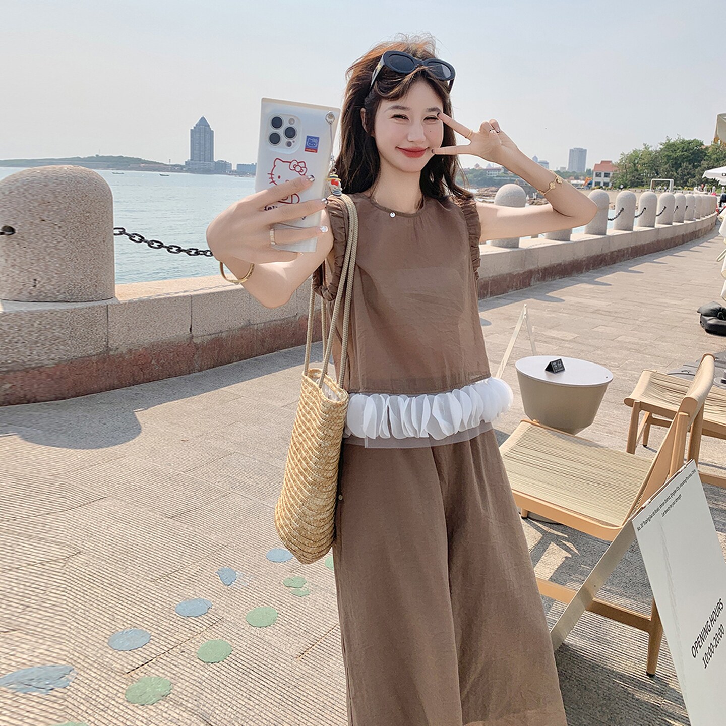 2025韩系甜美套装褶皱纯色无袖衬衫女夏季高腰休闲裤裙裤两件套,女装套装/套裙,2C166