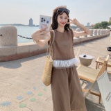 2025韩系甜美套装褶皱纯色无袖衬衫女夏季高腰休闲裤裙裤两件套，女装套装/套裙，2C166