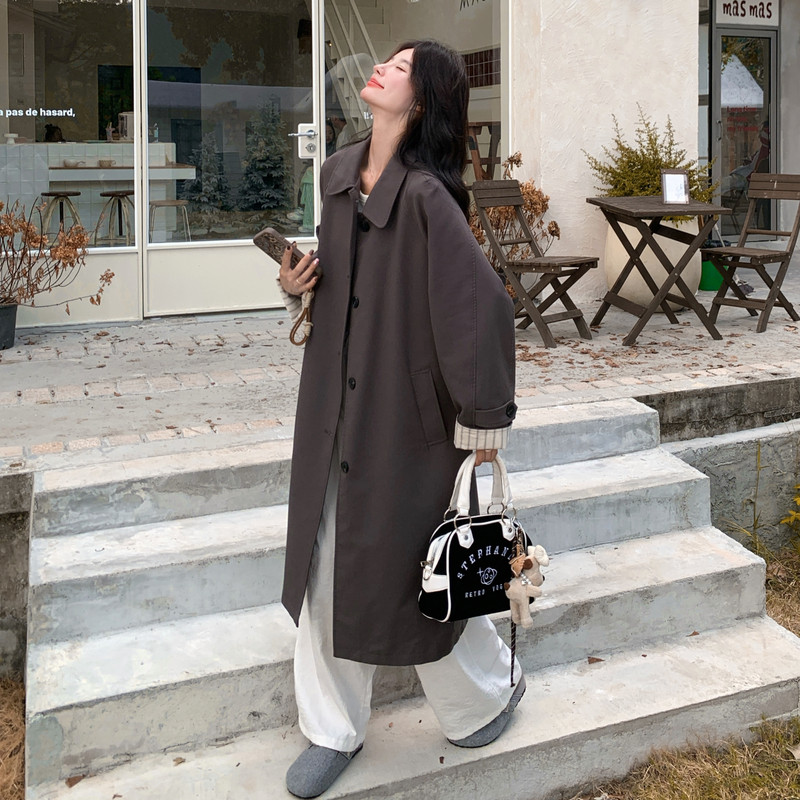 减龄休闲长款灰色风衣外套女春秋2025新款显瘦英伦风大衣流行爆款,女装风衣,2D013