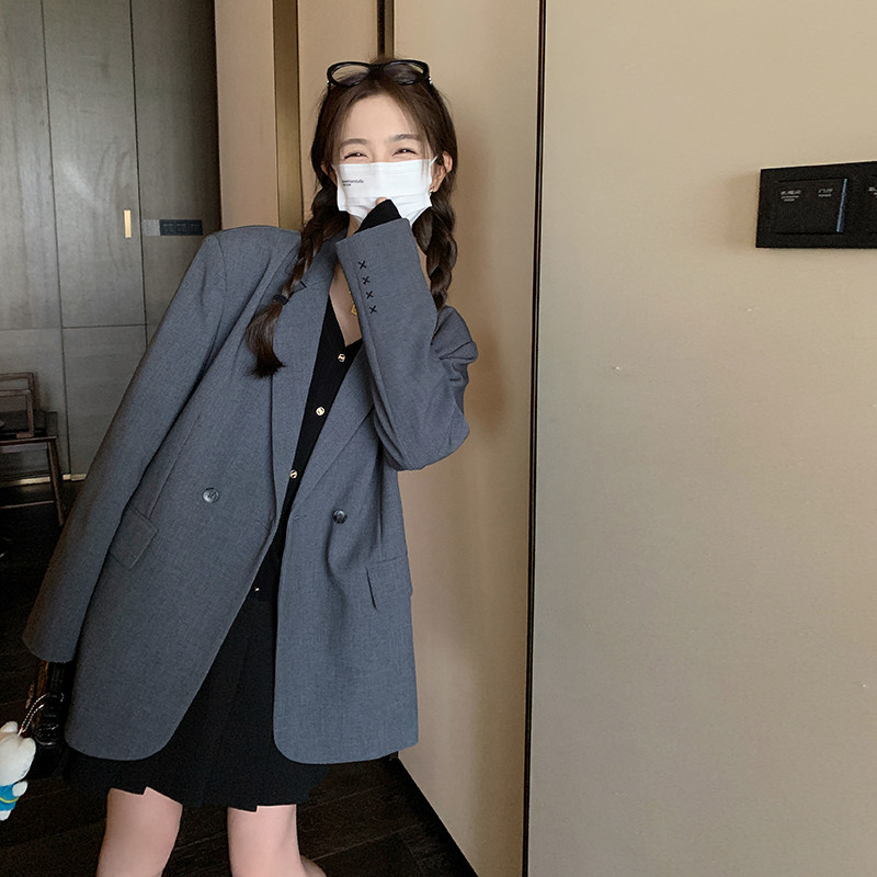灰色休闲西装女春秋2025新款高级感韩版西服小个子学院风宽松外套,女装西装,2C166