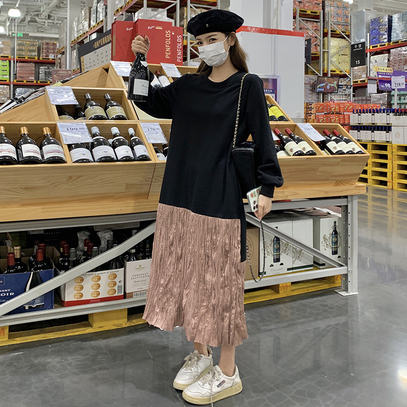 撞色拼接假两件连衣裙女中长款春秋新款韩版宽松显瘦时髦洋气裙子,女装连衣裙,2D043