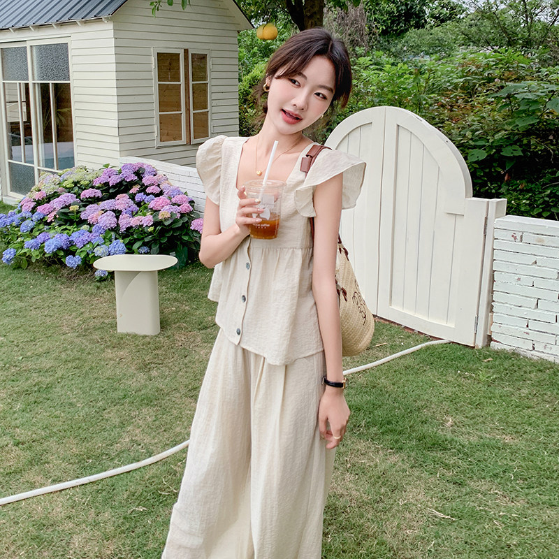 法式减龄小飞袖吊带上衣套装女2025夏季新款宽松显瘦阔腿裤两件套,女装套装/套裙,2C166