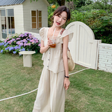 法式减龄小飞袖吊带上衣套装女2025夏季新款宽松显瘦阔腿裤两件套，女装套装/套裙，2C166