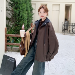 美式休闲韩版宽松百搭加厚休闲保暖连帽棉服女冬季假两件棉衣外套图片
