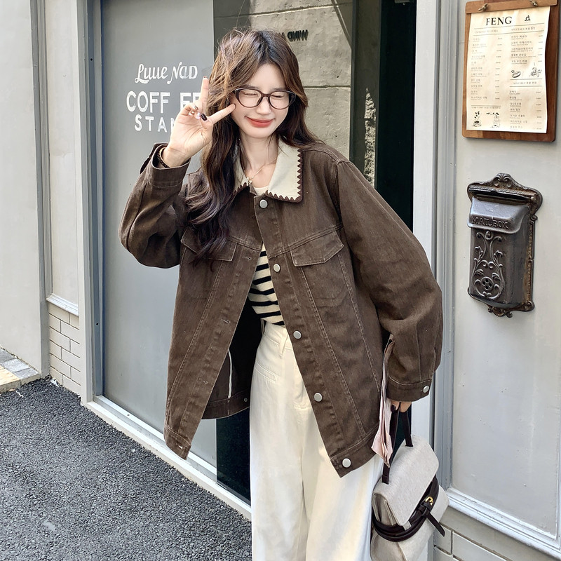 美拉德韩版翻领牛仔外套女2025秋季新款可盐可甜复古休闲夹克上衣图片