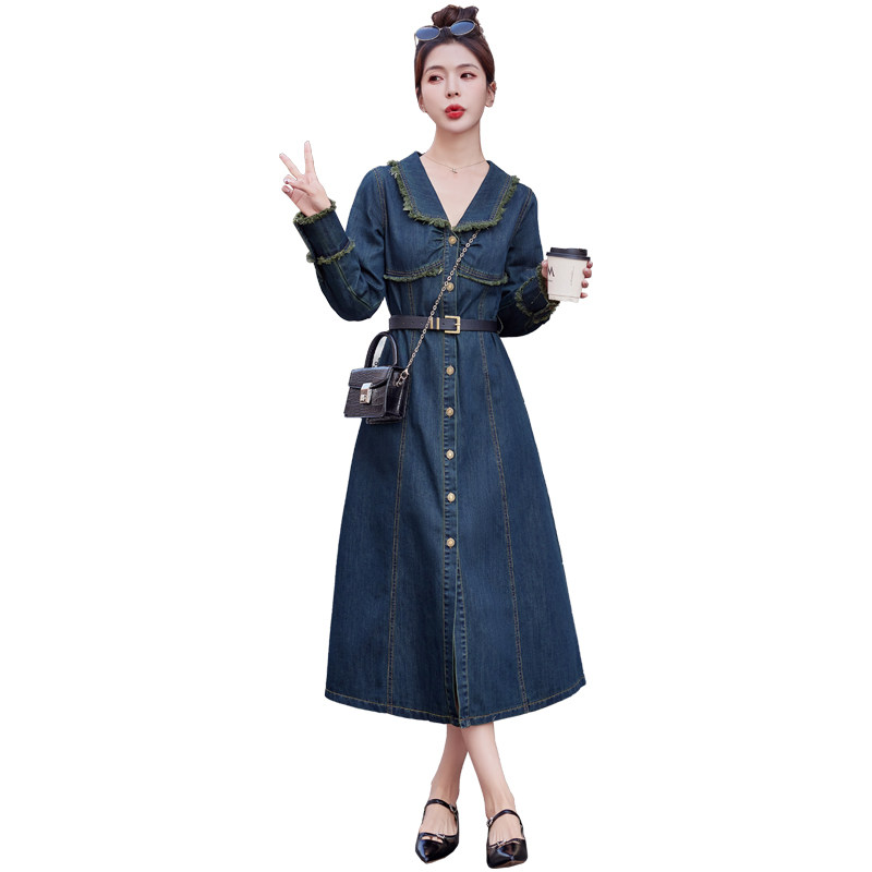 （新款现货）2025春装新款复古色毛边翻领牛仔连衣裙（配腰带）,女装连衣裙,1D060