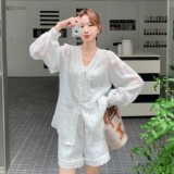 法式温柔风薄款防晒套装女2025夏季新款高级感衬衫阔腿短裤两件套，女装套装/套裙，2C166