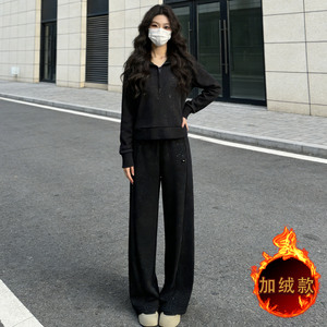 慵懒风休闲套装女秋冬新款双口袋拉链开衫连帽卫衣直筒长裤两件套图片