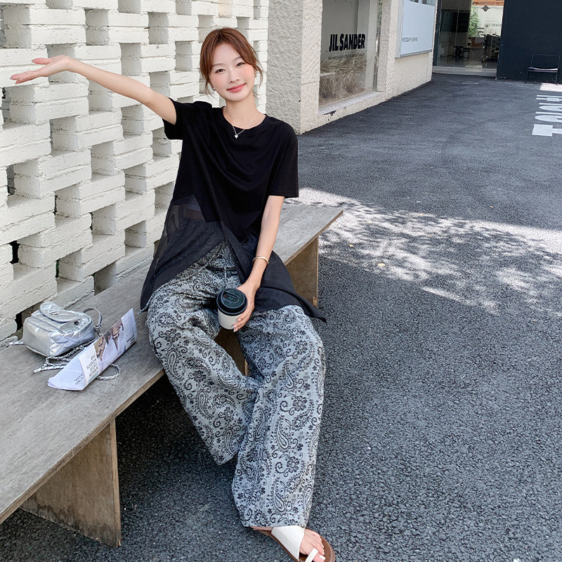 黑色网纱上衣印花阔腿裤淡人套装女2025夏季老钱风减龄百搭两件套,女装套装/套裙,2C277