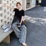 黑色网纱上衣印花阔腿裤淡人套装女2025夏季老钱风减龄百搭两件套，女装套装/套裙，2C277