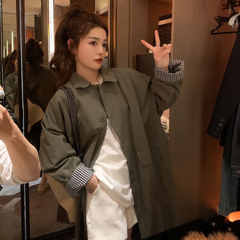 军绿色工装风衣外套女春秋2025新款中长款宽松韩版日系港味爆款,女装风衣,2C172