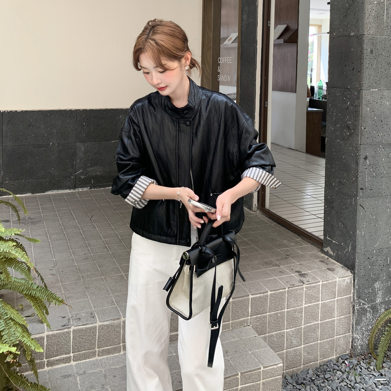 减龄条纹拼接短皮衣外套女春秋2025新款小个子流行爆款独特超好看,女装皮衣,2D013