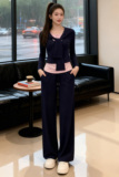 高级感时尚气质休闲套装女春季款撞色拼接假两件上衣阔腿裤两件套，女装套装/套裙，2C310
