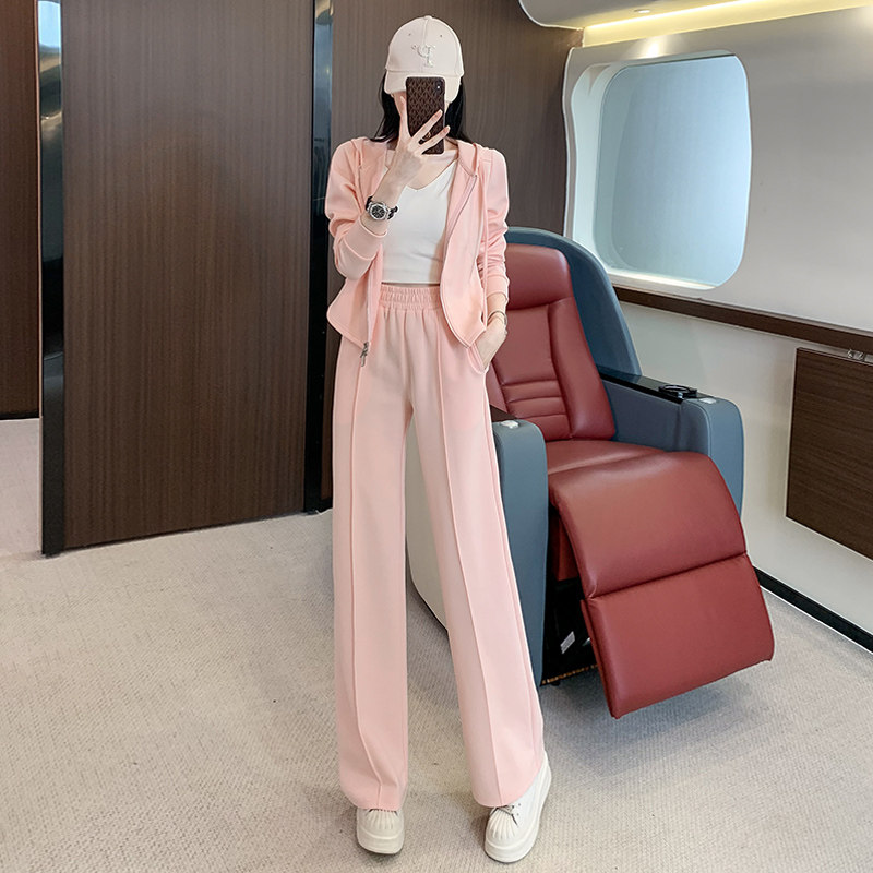 女秋时尚修身显瘦连帽开衫长袖阔腿裤套装,女装套装/套裙,2C310