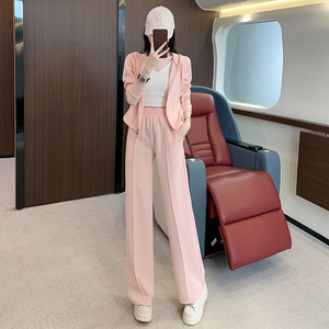 女秋时尚修身显瘦连帽开衫长袖阔腿裤套装图片