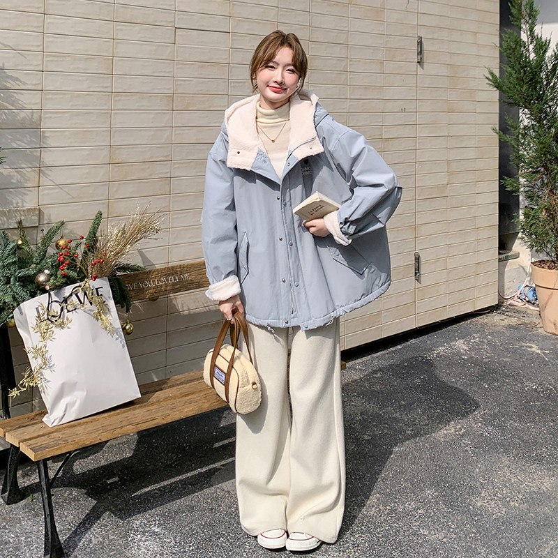 浅蓝色短款连帽棉服女韩系新款派克服保暖棉衣外套6110P215K328,女装棉衣/棉服,2C166