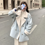 新款蓝色皮毛一体加厚外套7682-P235-K328，女装皮草，2C159