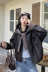 咖绿色美拉德穿搭格子连帽皮衣外套女2025秋季新款小个子pu皮夹克图片