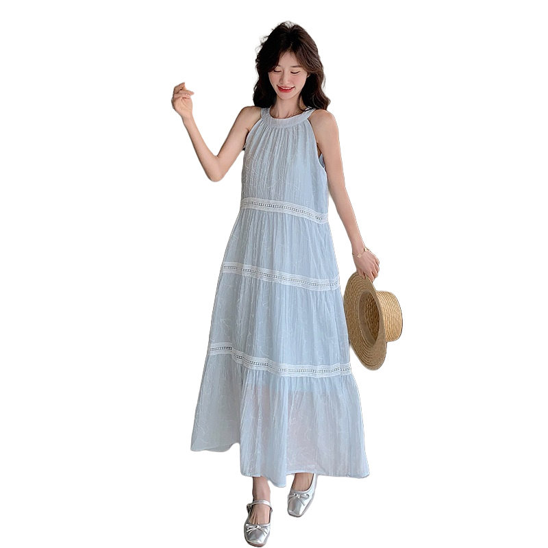 甜美蓝色挂脖无袖露肩吊带连衣裙女夏2025新款减龄长裙少女风穿搭,女装连衣裙,2C233