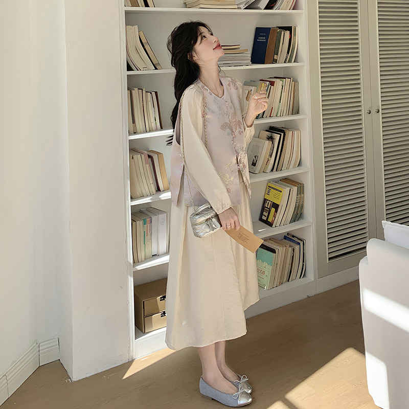 现货2D078-T1897-P185K258风刺绣马甲+褶皱牛津连衣裙真两件套,女装套装/套裙,2D078