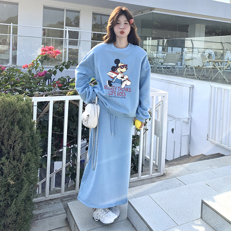 蓝色休闲卫衣运动套装裙女春秋2025新款韩系ootd学院风两件套爆款，女装套装/套裙，2C135