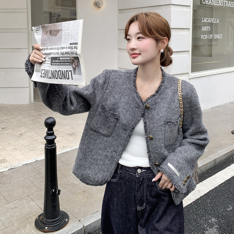 韩系设计感拼接双面呢羊毛外套女秋冬2025新款独特小个子气质大衣,女装毛呢外套,2B140