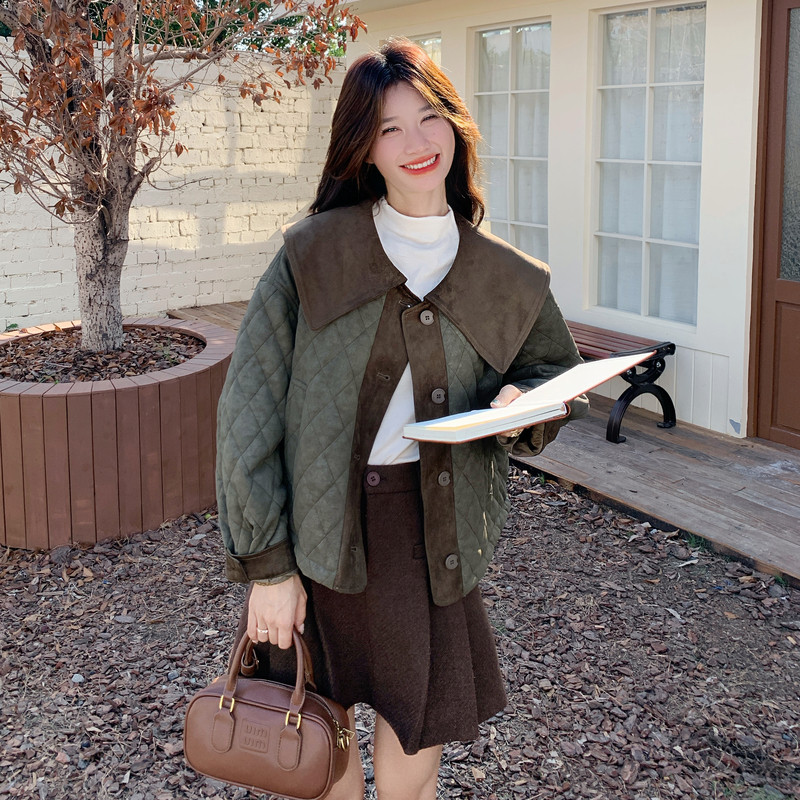 军绿色翻领菱格棉服女2025冬季新款复古麂皮绒减龄小个子短款外套,女装棉衣/棉服,2C159