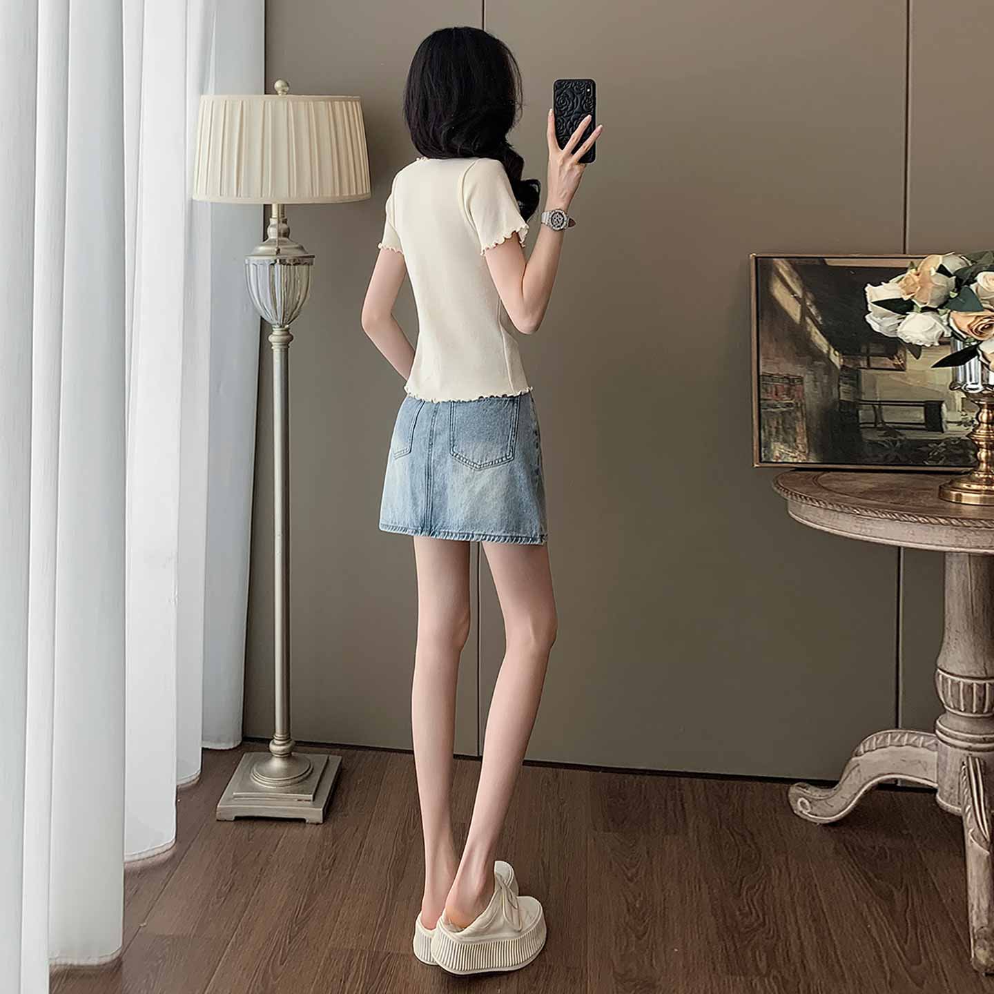 设计感时尚套装女夏季新款修身显瘦立体花朵短袖蓝色牛仔裙两件套,女装套装/套裙,2C310