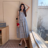 蓝色韩系减龄木耳边拼接格纹连衣裙女2025夏季复古小众气质背心裙，女装连衣裙，2C135