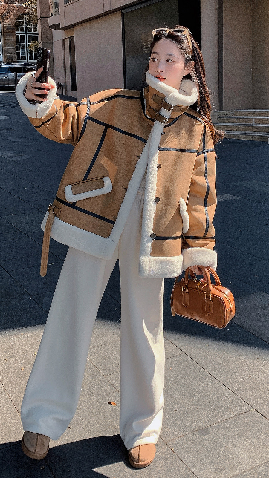 美式麂皮绒皮毛一体加绒外套女2025冬季新款咖色立领夹克机车服,女装皮草,2D008