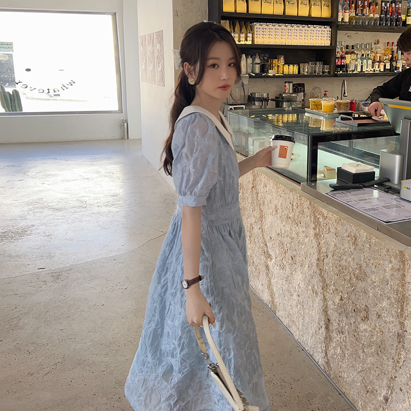 货出2025年夏季茶歇仙女气质连衣裙盐缩提花蓝色炸街裙子P120K178,女装连衣裙,2C311