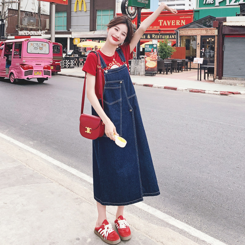 ootd穿搭拼接减龄牛仔背带连衣裙女夏2025超火学院风休闲长裙套装，女装连衣裙，2C069