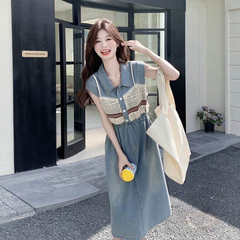 蕾丝拼接无袖牛仔连衣裙女夏2025新款绝美高级感小个子收腰爆款,女装连衣裙,2C218