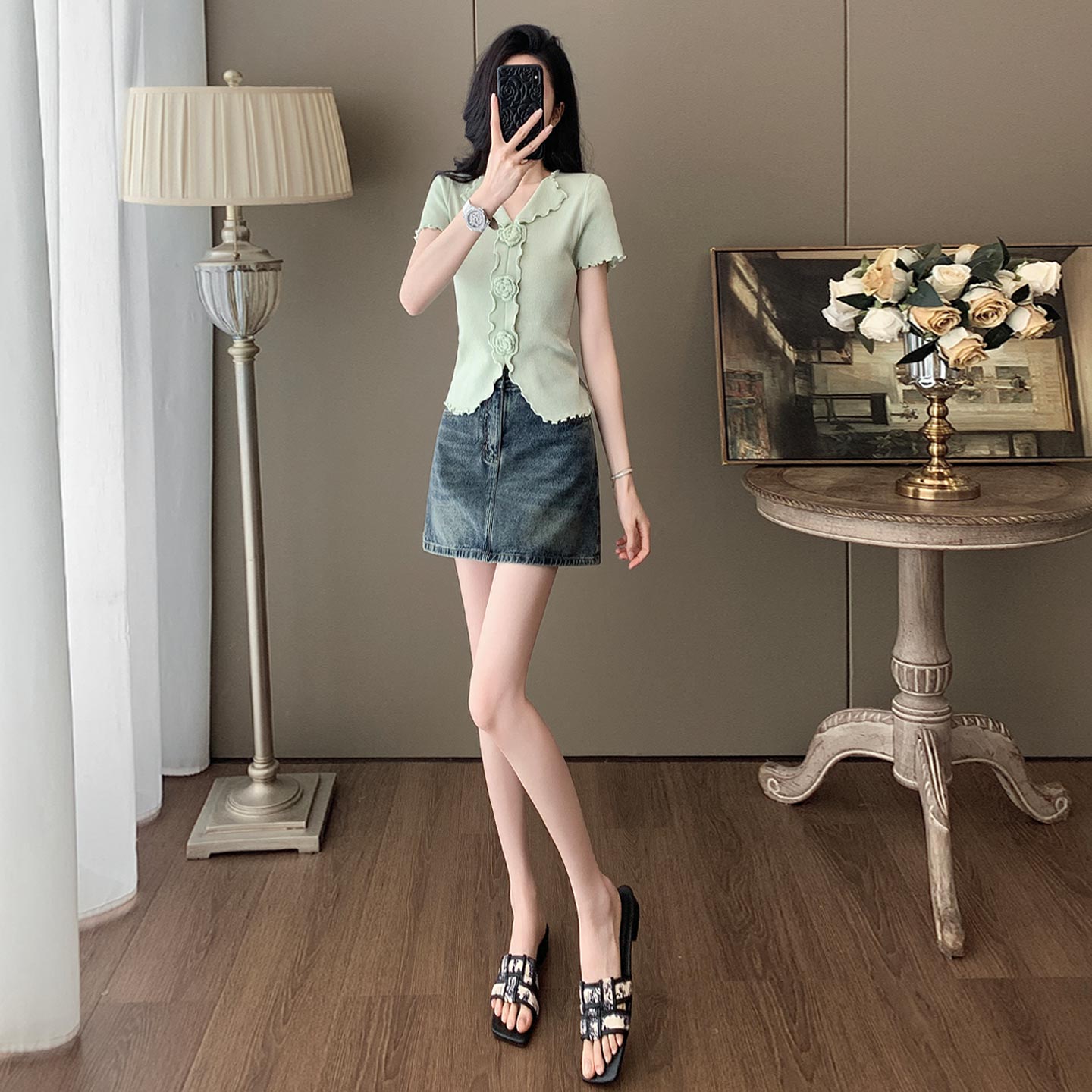 设计感时尚套装女夏季新款修身显瘦立体花朵短袖蓝色牛仔裙两件套,女装套装/套裙,2C310