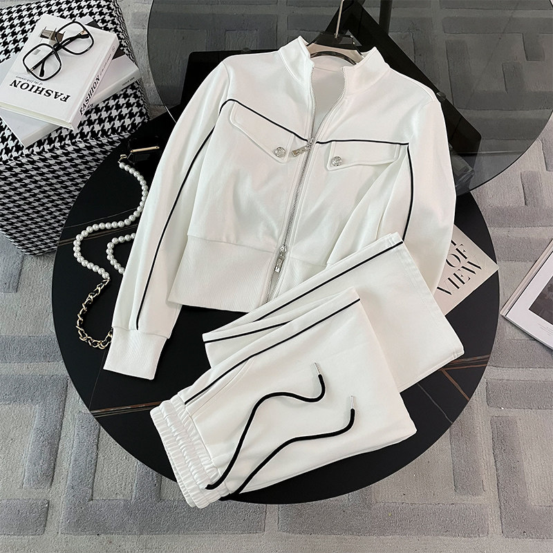 女春拉链开衫上衣阔腿裤两件套装图片